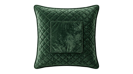 Fototapeta premium A luxurious dark green velvet throw pillow featuring a diamondquilted pattern and a smooth square center panel, isolated on transparent background