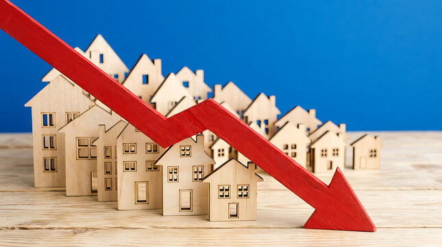Wooden miniature houses under a red arrow showing real estate market drop
