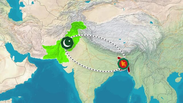 Pakistan and Bangladesh Bilateral Relationship Map Animation Footage