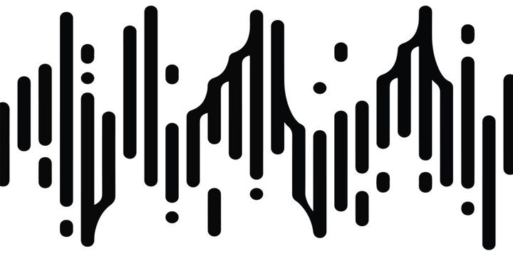 Abstract sound wave frequency visualization with vertical rhythmic bars audio frequency waveform pattern sound signal audio pulse black white digital data stream voice recording