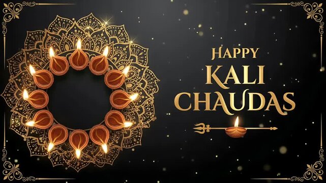 Kali Chaudas Golden Mandala with Glowing Diyas, Animated Choti Diwali Festive Motion Video Background
