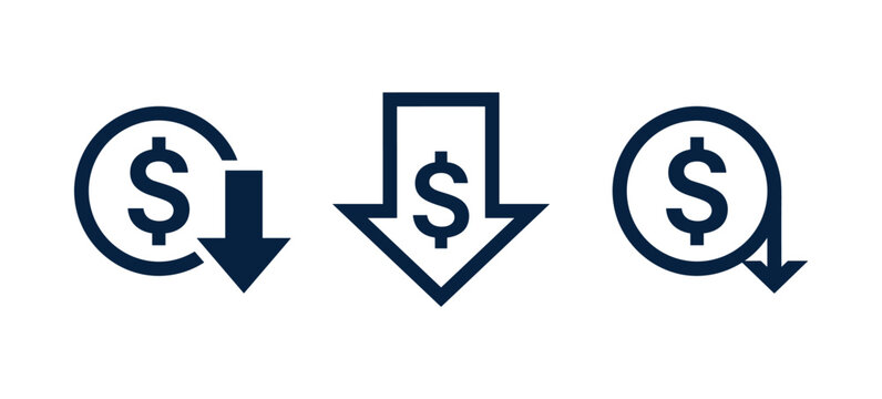 Financial Decline Icons: Three minimalist navy blue icons depict the concept of financial decline with a dollar sign and downward arrows, symbolizing economic recession or cost reduction.