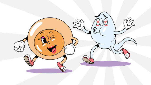 Sperm and ovum cell retro 1930s style rubber hose cartoon characters for medical design, featuring fertilization, reproductive biology. Vector illustration.