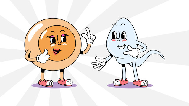 Sperm and ovum cell retro 1930s style rubber hose cartoon characters for medical design, featuring fertilization, reproductive biology. Vector illustration.