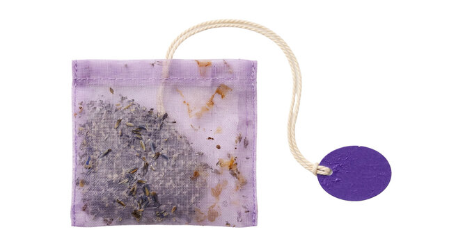 A lavender sachet bag with dried flowers inside, featuring a purple tag and string, isolated on transparent background