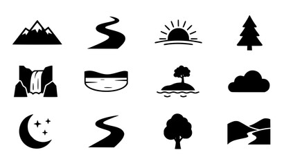 Fototapeta premium Minimal Nature Icons with Mountains River and Sun Black Vector Collection