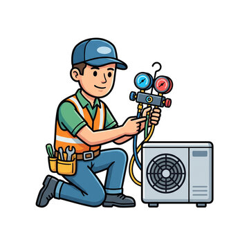 HVAC service technician kneeling with pressure manifold gauges inspecting outdoor air conditioner unit vector illustration isolated on transparent background