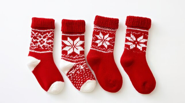  Christmas stockings on a clean white background with festive holiday decorations, traditional christmas socks for gifts, seasonal winter celebration, minimalist holiday greeting card design, cozy chr