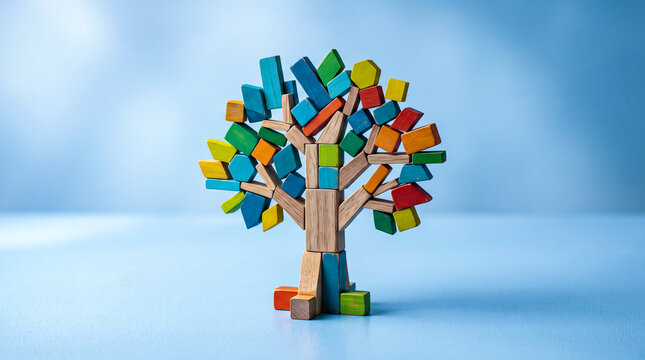 Wooden tree sculpture made of colorful building blocks on blue background.