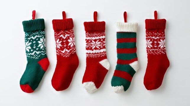  Christmas stockings on a clean white background with festive holiday decorations, traditional christmas socks for gifts, seasonal winter celebration, minimalist holiday greeting card design, cozy chr