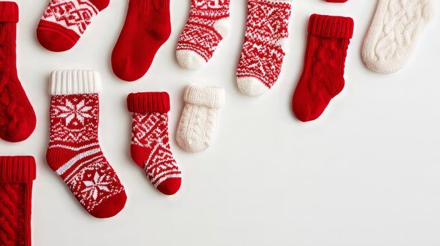  Christmas stockings on a clean white background with festive holiday decorations, traditional christmas socks for gifts, seasonal winter celebration, minimalist holiday greeting card design, cozy chr