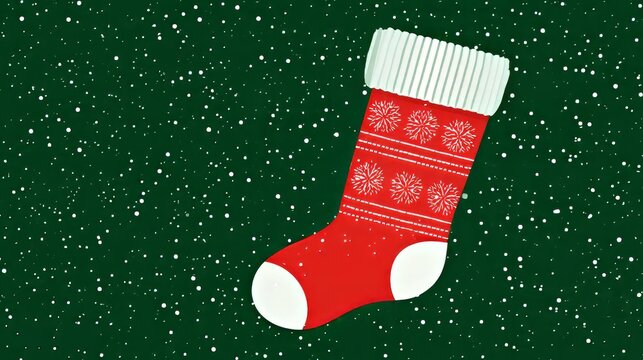  Christmas stocking on a green snowy background, festive holiday decoration with winter snowflakes, seasonal christmas celebration, traditional gift sock, cozy winter atmosphere, holiday greeting card