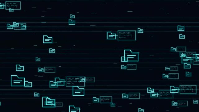 Digital data flow animation with glowing folder icons