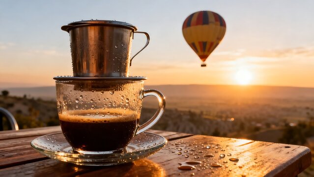 Vietnamese drip coffee on wooden table at sunrise with hot air balloon flying over scenic landscape