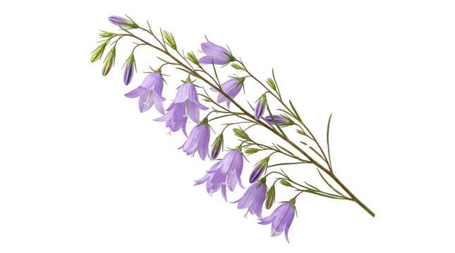 A delicate sprig of purple bellflowers, campanula rotundifolia, featuring elegant bellshaped blossoms and slender green stems, isolated on transparent background