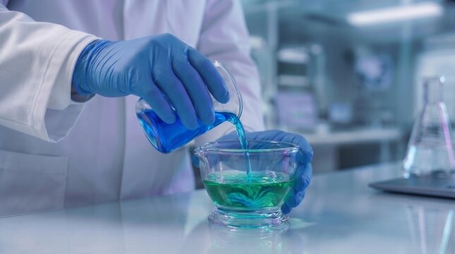precise chemical mixing in modern laboratory setting. scientist performing liquid titration with protective blue gloves. advanced pharmaceutical formulation and reaction analysis.

