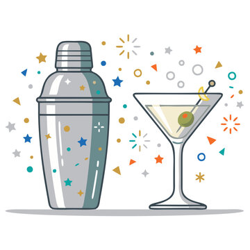 Martini cocktail glass and metal shaker with confetti background cocktail celebration confetti mixology illustration beverage nightlife bartender sparkles entertainment reception gathering