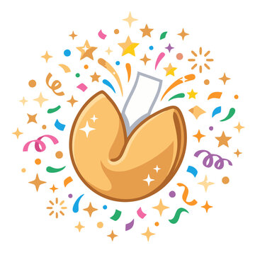 Fortune cookie with confetti and stars celebration vector illustration fortune telling confetti celebration illustration surprise sparkles prediction tradition greeting colorful partytime