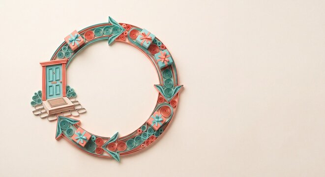 Paper craft circular arrow loop around a front door
