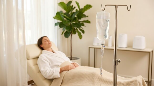 Woman relaxes in comfortable chair while receiving intravenous vitamin infusion therapy with iv bag hanging on stand in bright contemporary wellness clinic room.