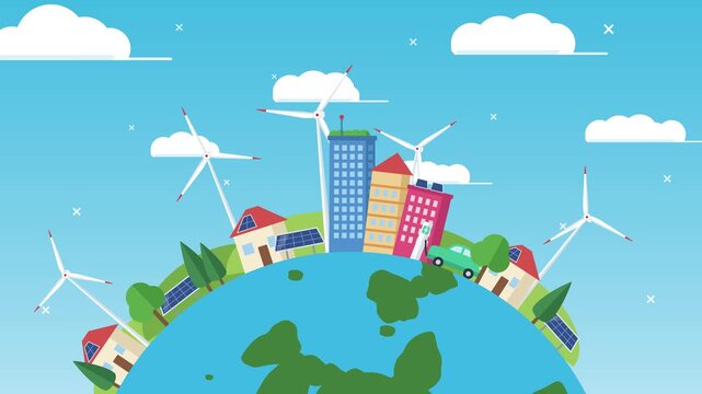 Eco friendly green city on planet Earth with spinning wind turbines, solar panels and electric car, flat sustainability animation