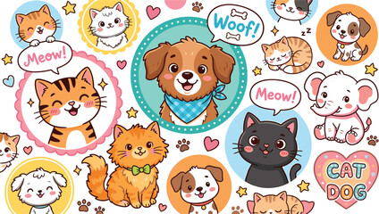 Fototapeta premium Cute cartoon domestic pets sticker collection featuring happy puppies kittens and a baby elephant in a playful pattern