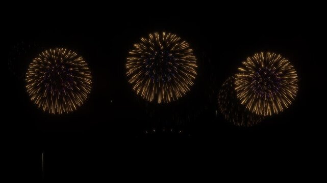 Fireworks bursting in gold, white and red across black night sky, colorful firework display for celebration and new year