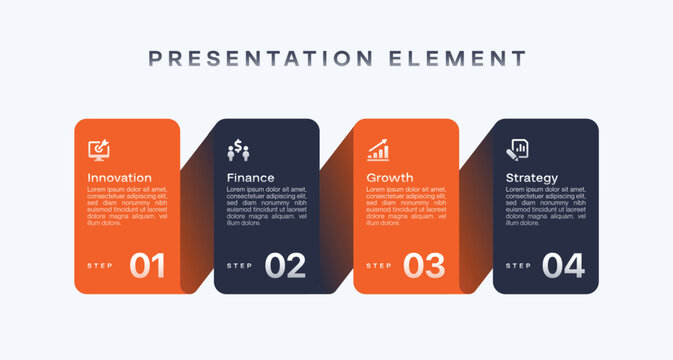 Modern diagram with 4 frame elements. Concept of four stage of startup project. Flat infographic design template. Vector illustration for business presentation, brochure, pitch deck, banner, flowchart