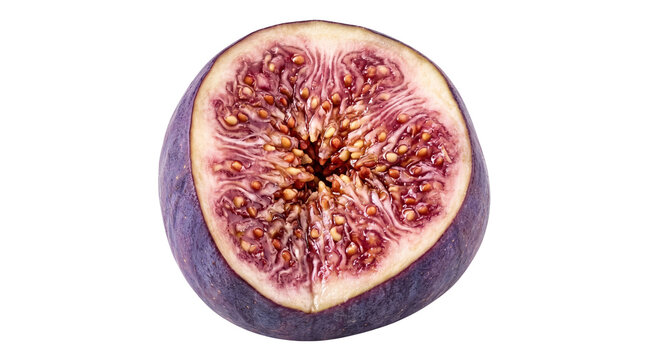 Fresh ripe fig fruit cut in half showing the interior texture and seeds isolated on transparent background