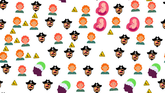 Cartoon Pattern of Pirates, Girls, Fetuses, and Warning Signs