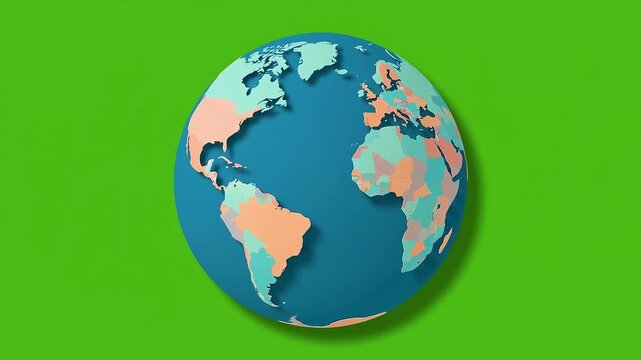 Animated flat design colorful Earth globe spinning on green screen background