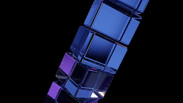Glass cubes twisting in diagonal stack with blue and violet light reflections on black background, abstract 3D seamless loop