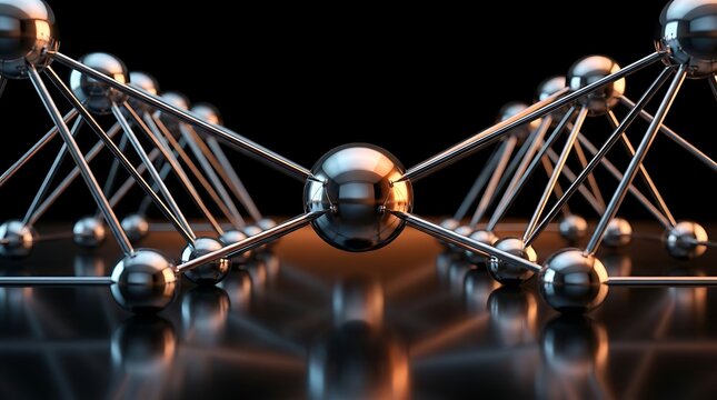 Abstract molecular structure rendering with polished chrome steel spheres connected by metallic rods on reflective surface with dramatic warm light in dark room.