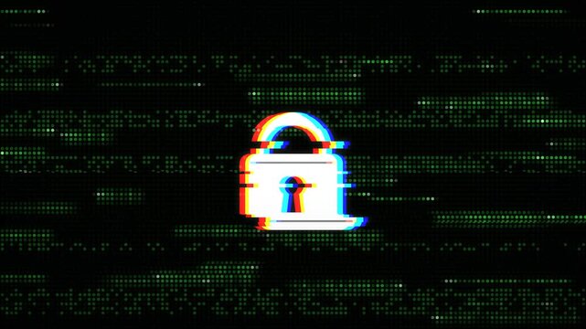 Padlock unlocking with glitch effect on green LED matrix data background, security breach and hacked system concept
