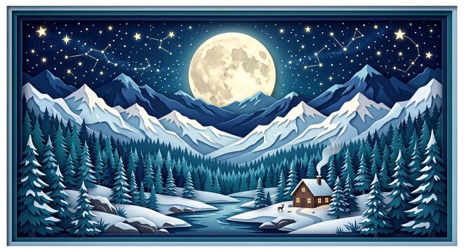 Magical Winter Mountain Landscape Under Full Moon with Snowy Peaks and Starry Night Sky
