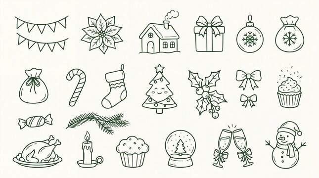 Winter Christmas Line Art Clipart Collection with Snowflake, Gift, Tree and Holiday Elements