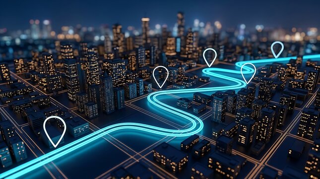 Digital map route with neon blue light on abstract city grid, indicating navigation and pathfinding for urban travel and logistics.
