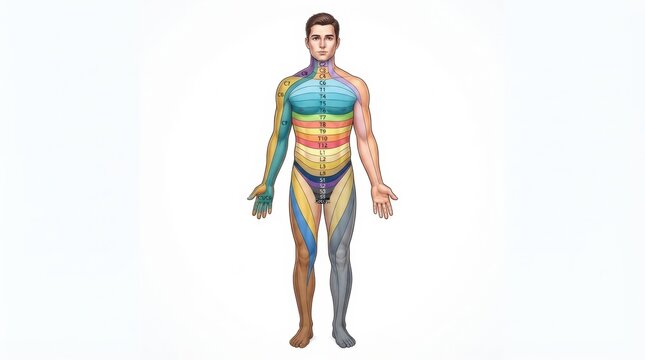 Illustration shows the peripheral nerve anatomy including nerve plexus and dermatome distribution on the human body.