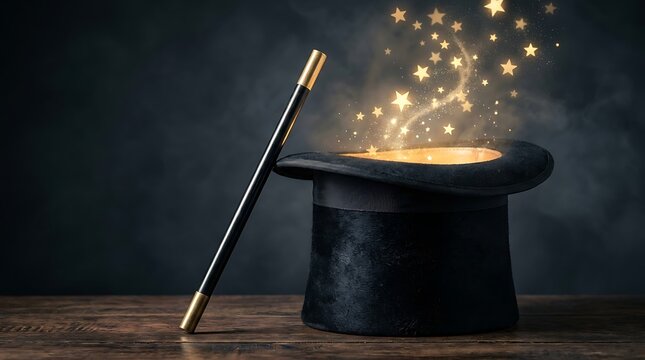 Black top hat with magic wand creating sparkling golden stars and light wisps for illusion performance.