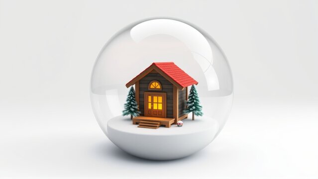 Tiny house inside glass sphere. Winter scene, cozy dwelling, simple design, bright illumination, clean background. Peaceful, serene imagery.