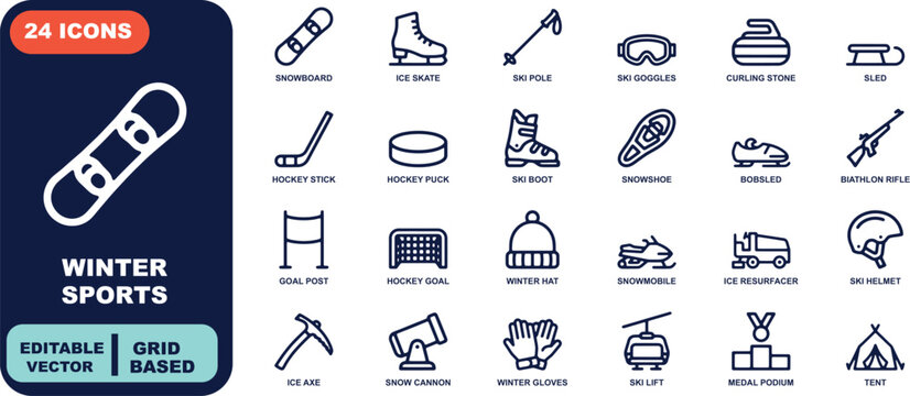 Winter sports icon set featuring skiing snowboarding skating hockey ice sports mountain activities outdoor recreation fitness equipment helmets boots gloves and seasonal adventure symbols