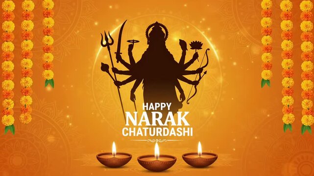 Narak Chaturdashi Goddess Silhouette with Glowing Diyas, Animated Choti Diwali Festive Motion Video Background

