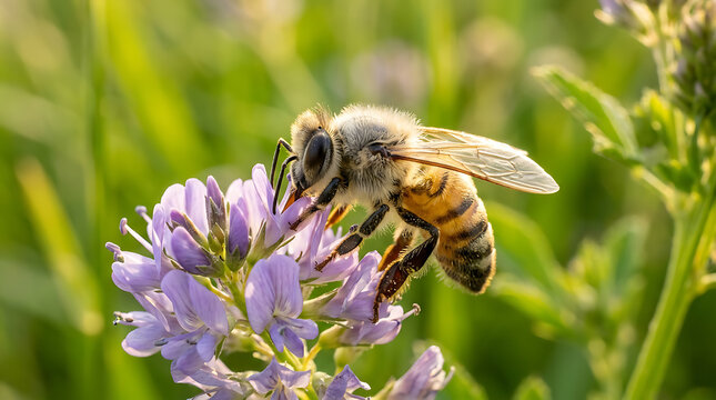 Macro shot of a honeybee pollinating a purple spring flower