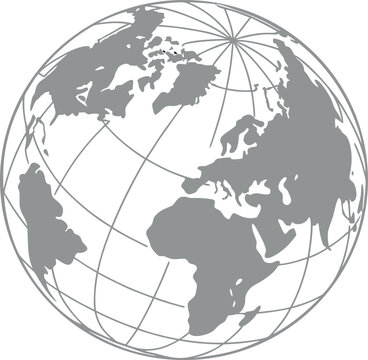 Grey globe world map with grid lines and continents