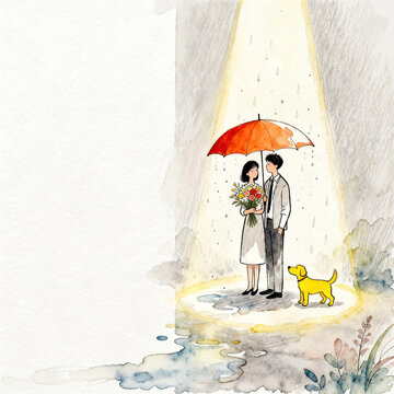 Watercolor Illustration of Couple with Umbrella and Dog