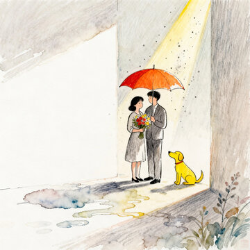 Watercolor Illustration of Couple with Umbrella and Dog