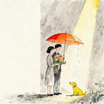 Watercolor Illustration of Couple with Umbrella and Dog