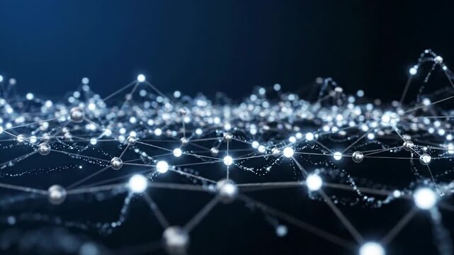 Seamless looping 4K motion graphic background of a subtle abstract neural network with glowing synaptic nodes pulsing organically