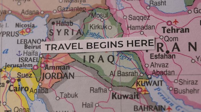 Text Paper Travel Begins Here Placed on Middle East Map Concept Video