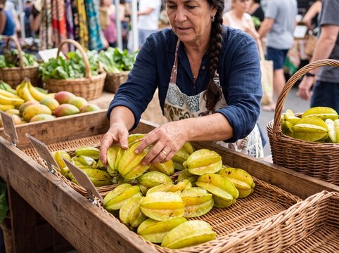 Woman sorting carambola in a wooden crate at a vibrant farmers market